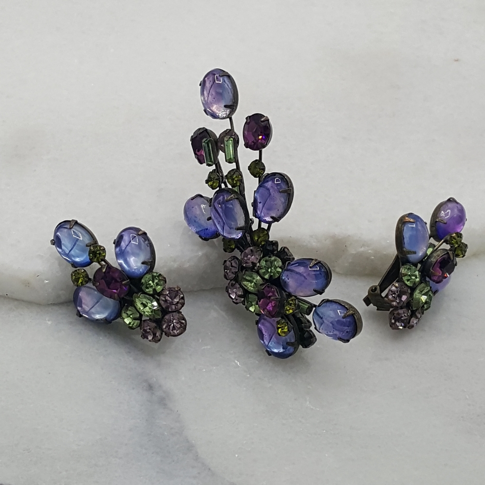 ✔RARE Alice Caviness Purple Cabochon Brooch and Earrings Set - Picture 11 of 14